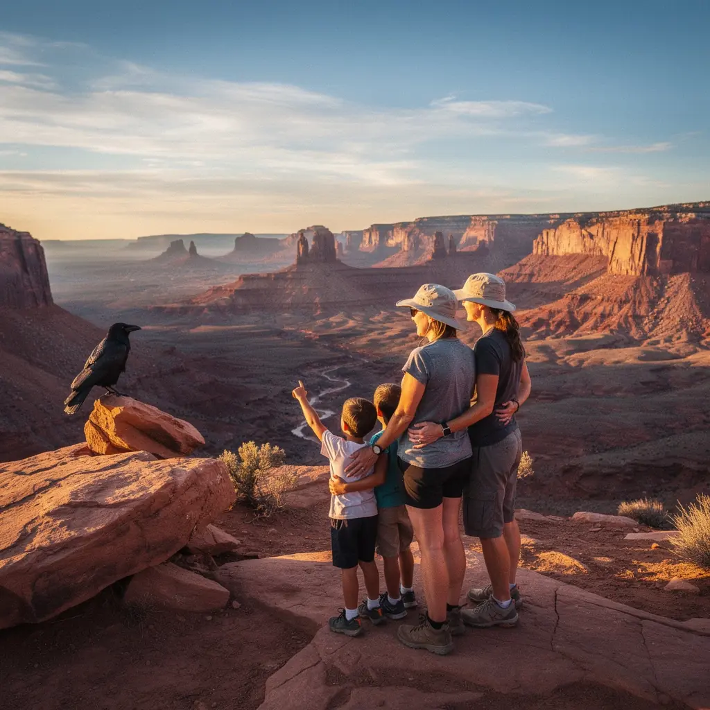 Панорама пустынного ландшафта с солнечными лучами на горизонте.