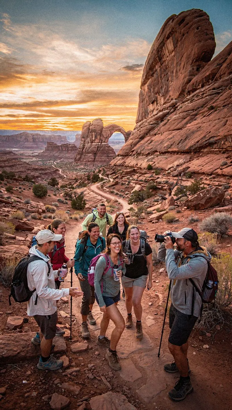 Группа туристов, наслаждающихся красотой природы в парке.
