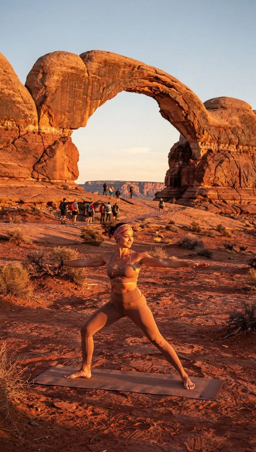 Уединённая тропинка среди пустынных скал и арочных образований.