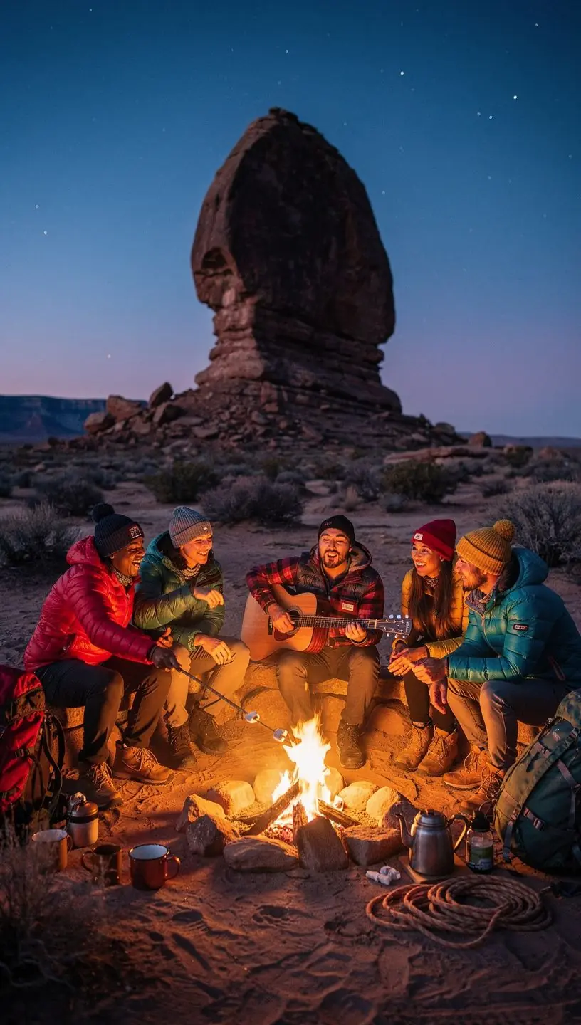 Туристический лагерь под звёздным небом рядом с арками.