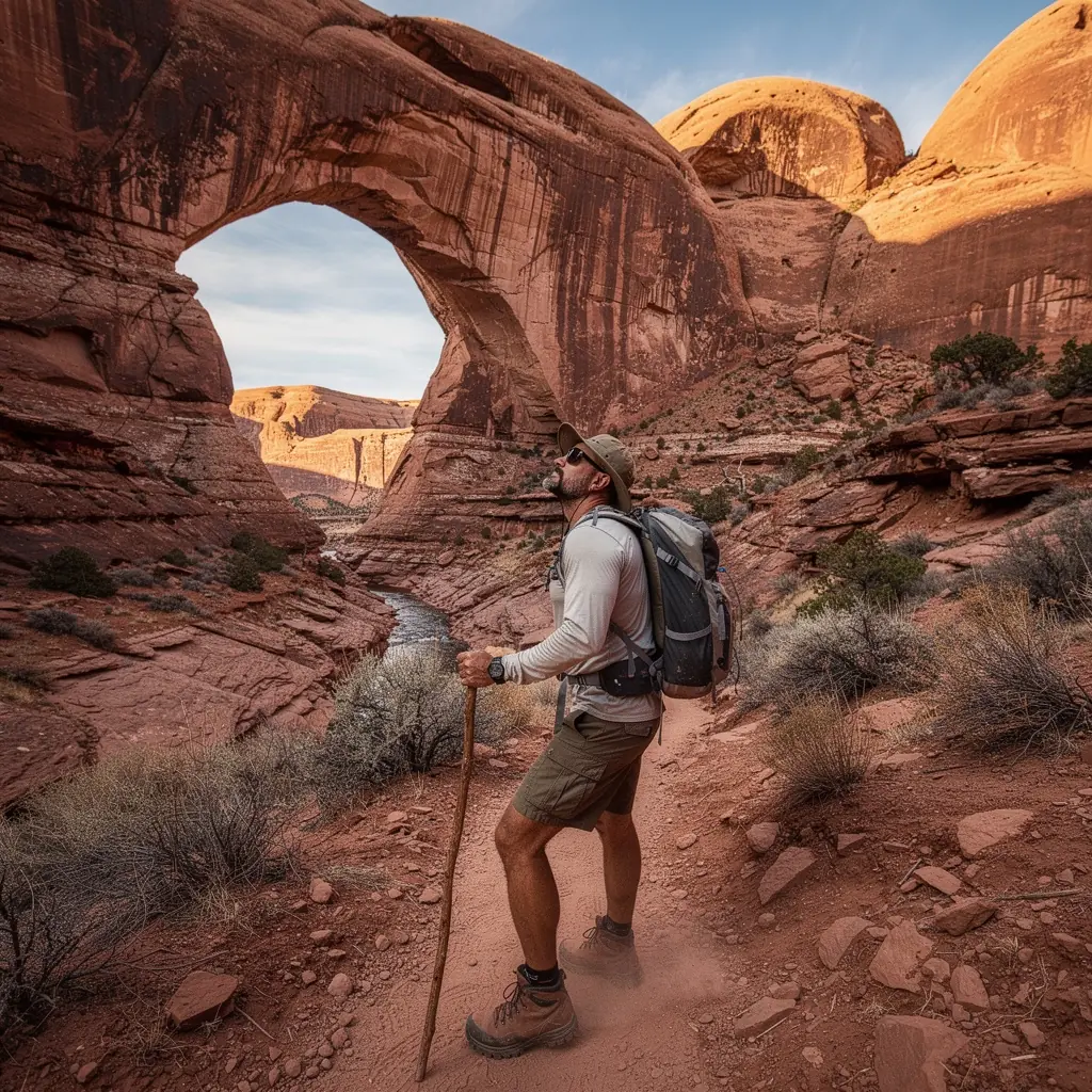 Солнечные лучи, пробивающиеся сквозь каменные арки в парке.