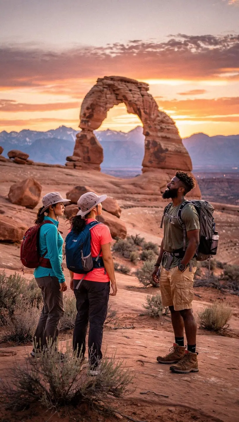 Каменные арки на фоне заката в Национальном парке Арчес.