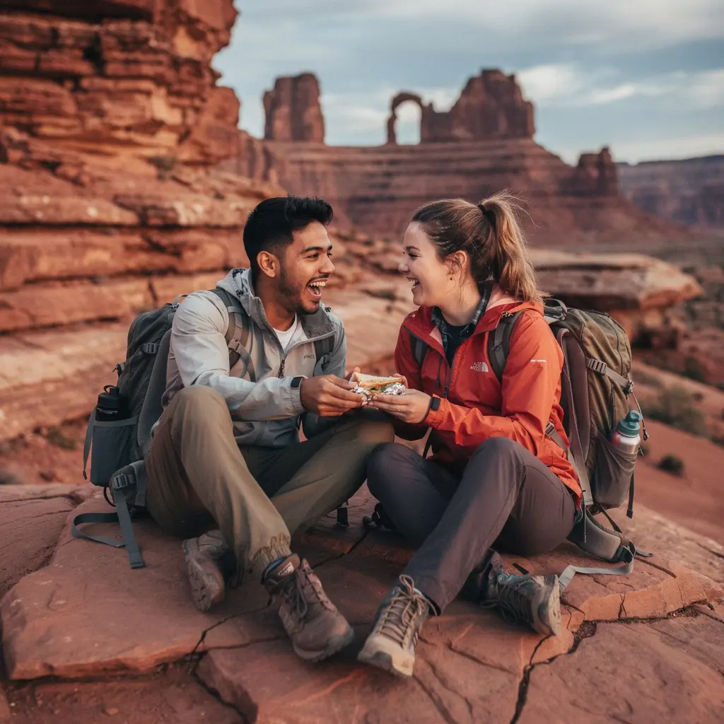 Туристы, исследующие тропы среди каменных арок на закате.