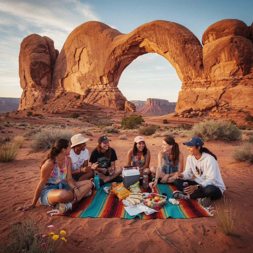 Солнечные лучи, освещающие каменные структуры в парке.