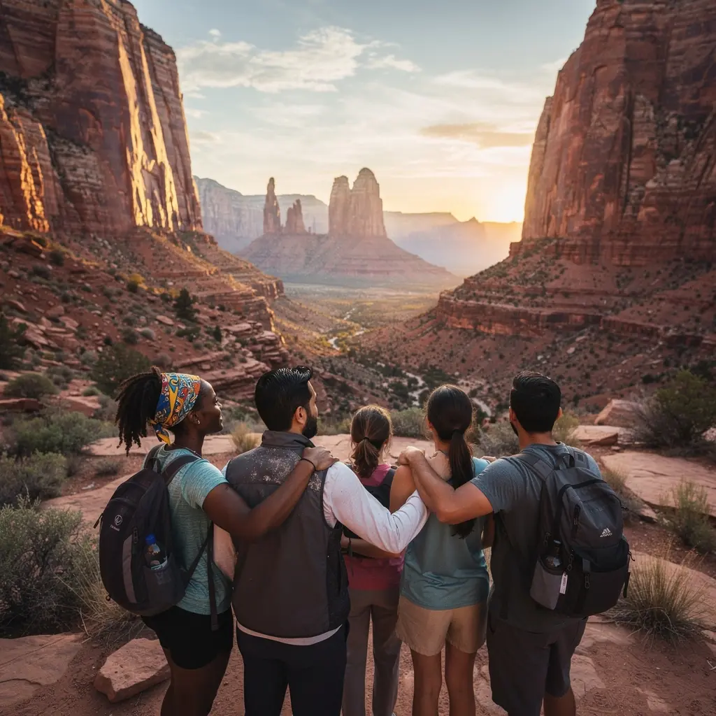 Каменные арки на фоне закатного неба в Национальном парке Арches.