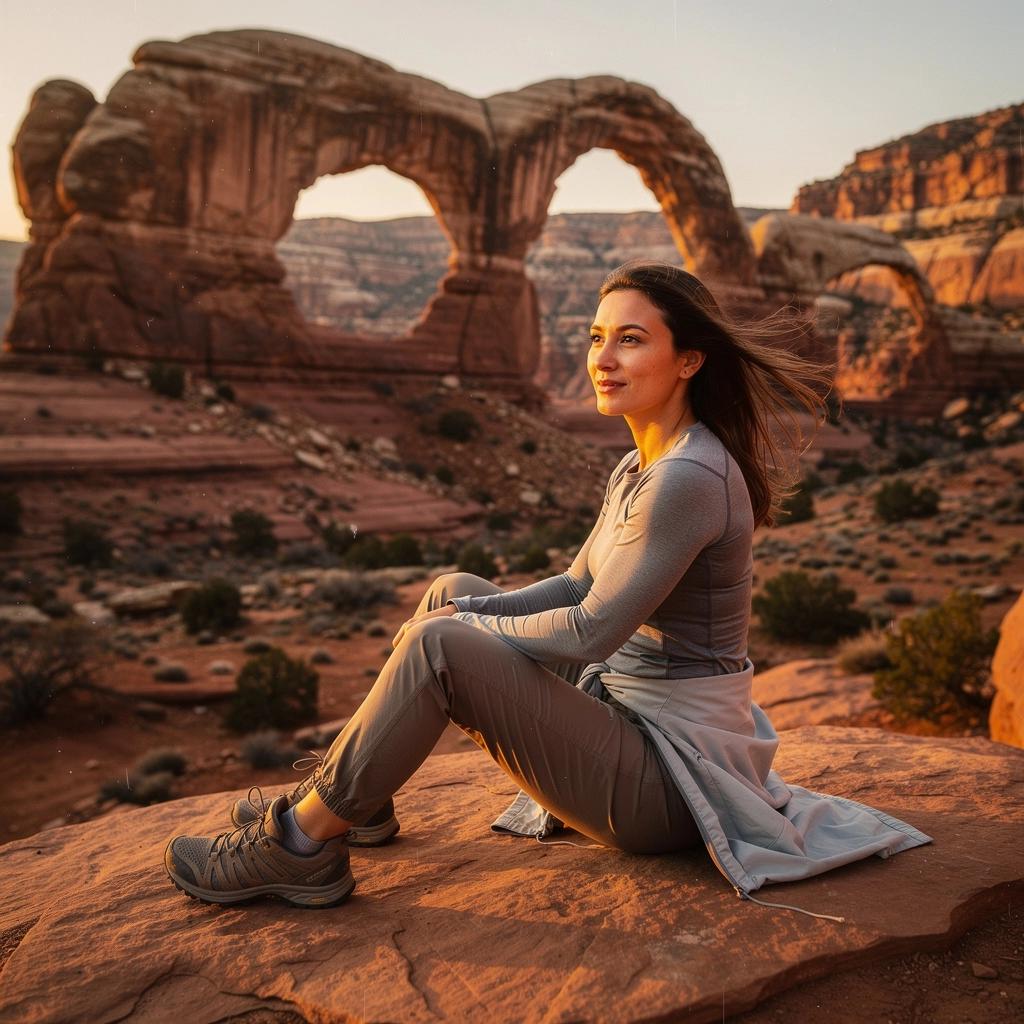 Закатное солнце освещает каменные структуры в парке.