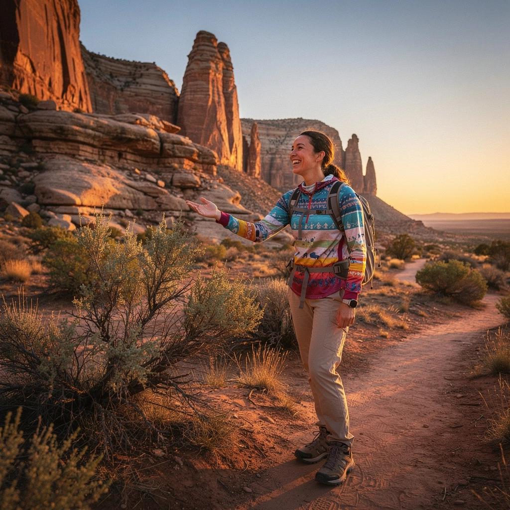 Путешественник на тропе среди каменных арок и природных чудес.